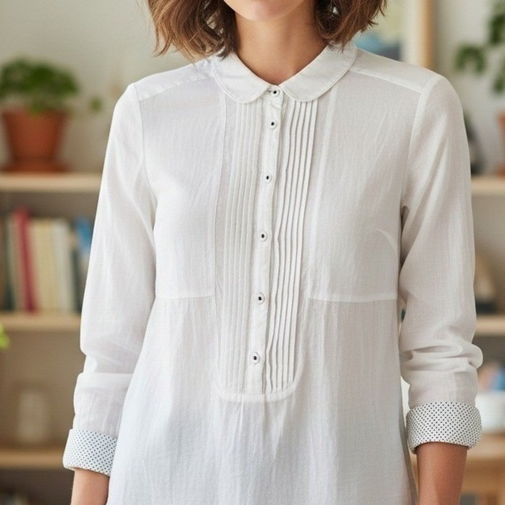 Anthropologie Maeve Womens Pintuck Button Down Top Size 4 White Peter Pan Collar